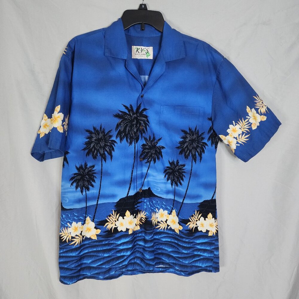Share Vtg 80s KY'S Mens Medium Blue‎ Hawaiian Aloha Palm Beach Hibiscus Travel S